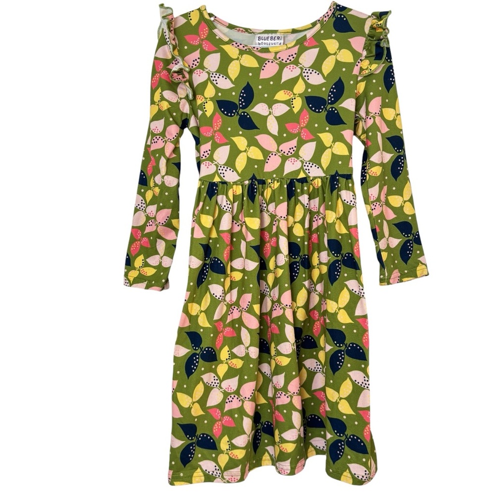 Blueberi Boulevard Girls Floral Print Ruffled Cap Sleeves Dress Sz 6X Stretchy